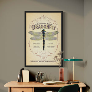 Retro style giclée art print of a Dragon depicted on an ornate backgound. It has muted colors, textures, and ornate typography, with a headline that says “The Mysterious & Magical Dragonfly”.  At the bottom the type says “The graceful, beautiful and amazing aerialist.”