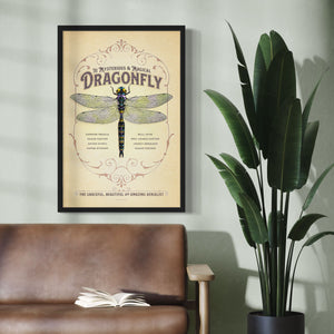 Retro style giclée art print of a Dragon depicted on an ornate backgound. It has muted colors, textures, and ornate typography, with a headline that says “The Mysterious & Magical Dragonfly”.  At the bottom the type says “The graceful, beautiful and amazing aerialist.”