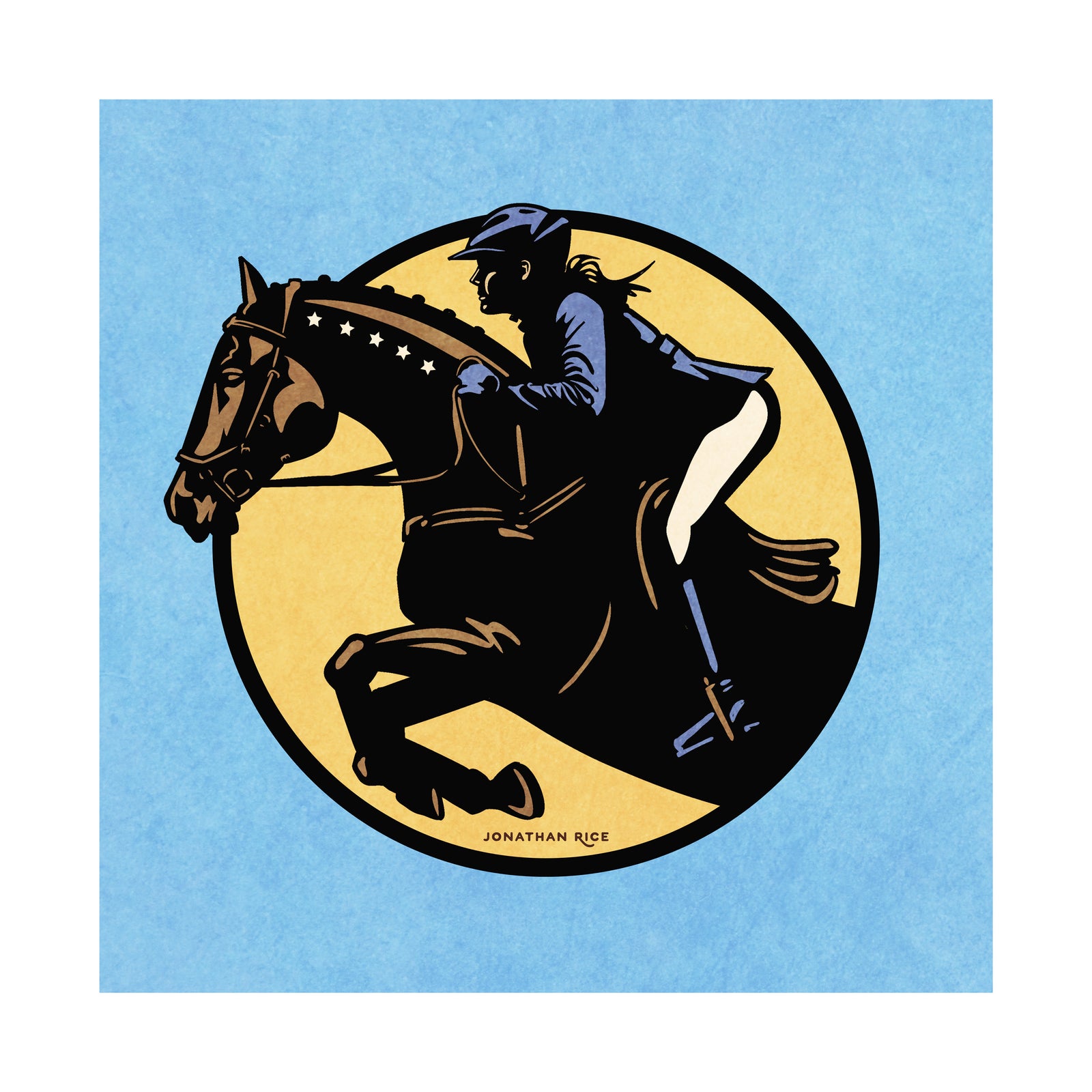 Minimalist jumping equestrian art print captures the excitement of English riding events with its’ bold colors and simple, strong lines. It is a square pint with an image of a horse and rider jumping through a graphic circle.