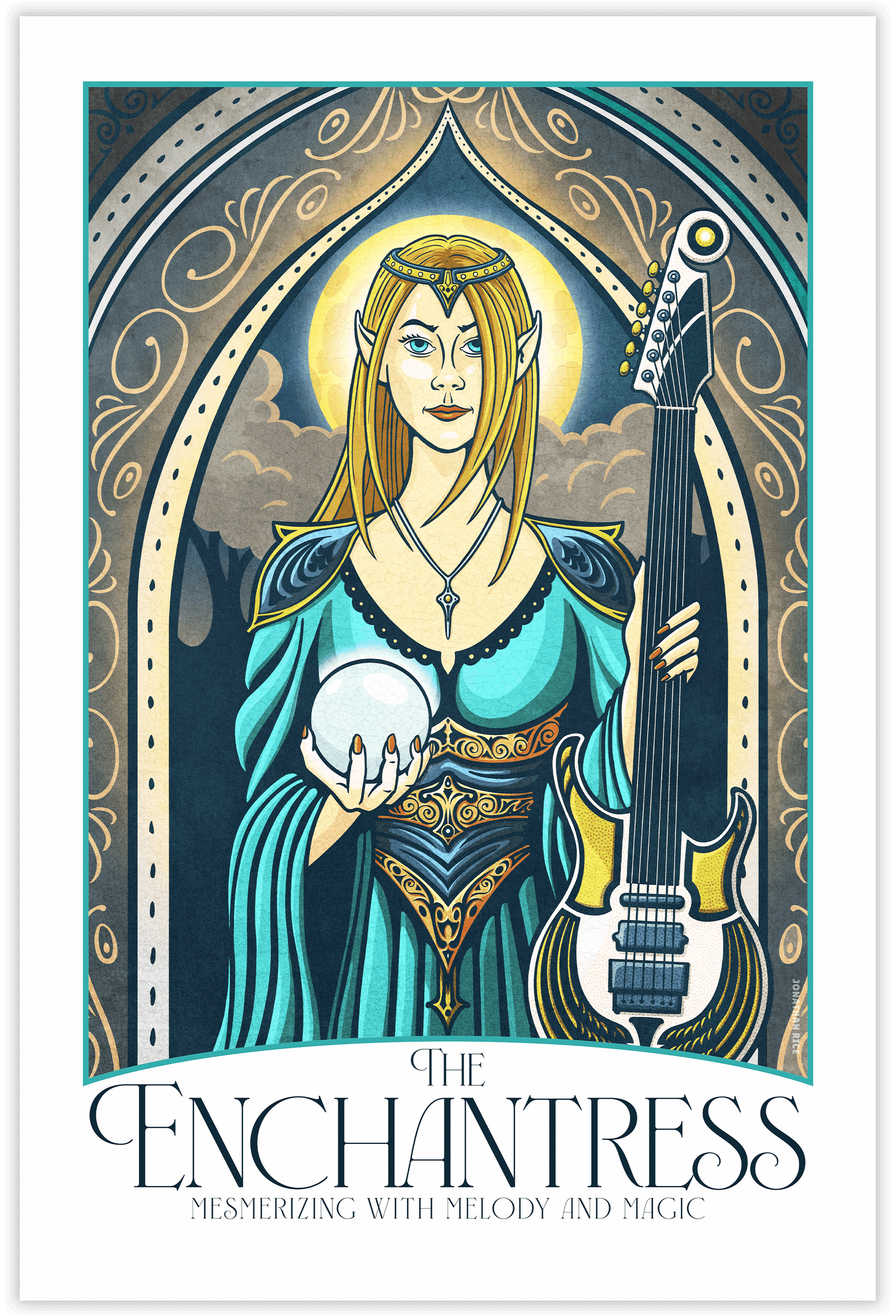 Giclée art print of an Elven Enchantress under an ornate arch, holding a crystal ball and electric guitar. With rich colors, magical hues, and intricate typography, it includes the title “The Enchantress” and tagline “Mesmerizing with Melody and Magic.”