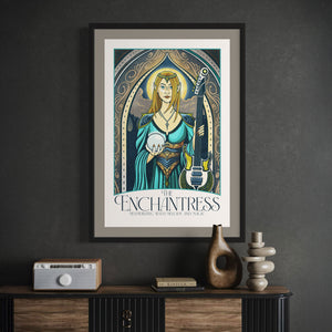 Giclée art print of an Elven Enchantress under an ornate arch, holding a crystal ball and electric guitar. With rich colors, magical hues, and intricate typography, it includes the title “The Enchantress” and tagline “Mesmerizing with Melody and Magic.”