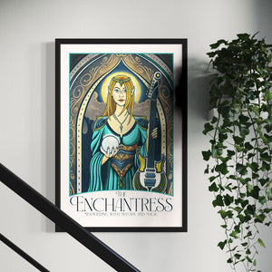 Giclée art print of an Elven Enchantress under an ornate arch, holding a crystal ball and electric guitar. With rich colors, magical hues, and intricate typography, it includes the title “The Enchantress” and tagline “Mesmerizing with Melody and Magic.”