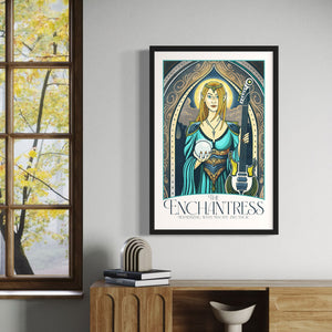 Giclée art print of an Elven Enchantress under an ornate arch, holding a crystal ball and electric guitar. With rich colors, magical hues, and intricate typography, it includes the title “The Enchantress” and tagline “Mesmerizing with Melody and Magic.”