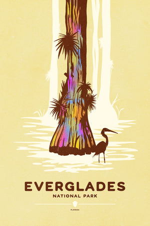Modern, minimalist giclée art print for Everglades National Park in Florida. This simple and classy poster depicts a Great Blue Heron wading in the waters next to cypress trees.  It has the words “Everglades National Park, Florida” at the bottom. The print’s muted overall background color allows the bold and vibrant colors of the main image to pop. 