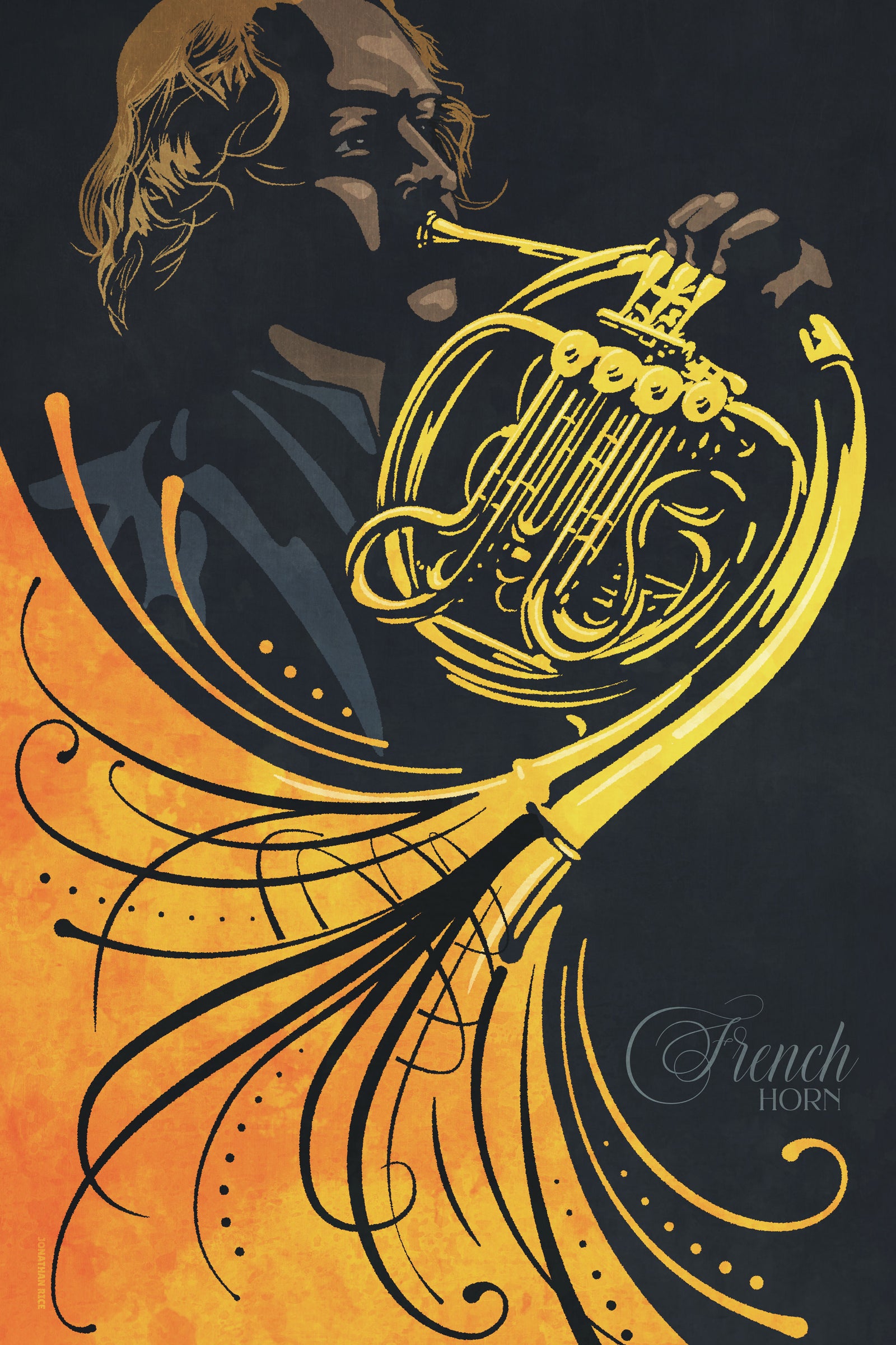 Bold graphic giclée art print of a French Horn player with swirls and flourishes. Bold graphic lines and bright colorful shapes create an energetic poster for classical music lovers. 