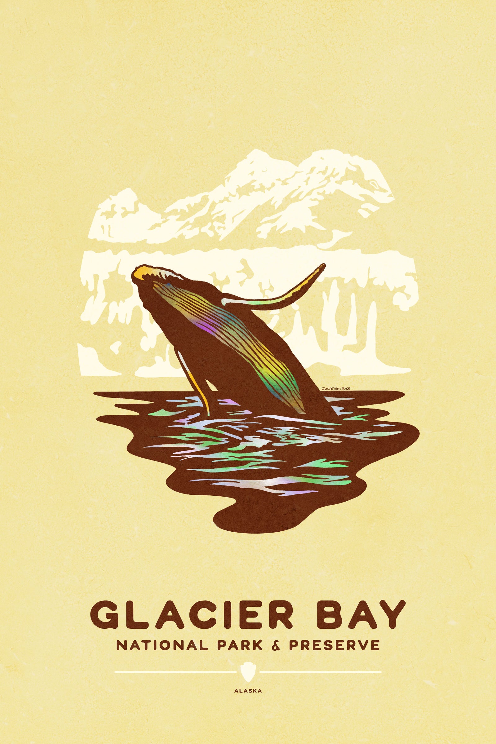 Modern, minimalist giclée art print for Glacier Bay National Park & Preserve in Alaska. This simple and classy poster depicts a humpback whale breaching the waters of Glacier Bay. It has the words “Glacier Bay National Park & Preserve, Alaska” at the bottom. The print’s muted overall background color allows the bold and vibrant colors of the main image to pop. 