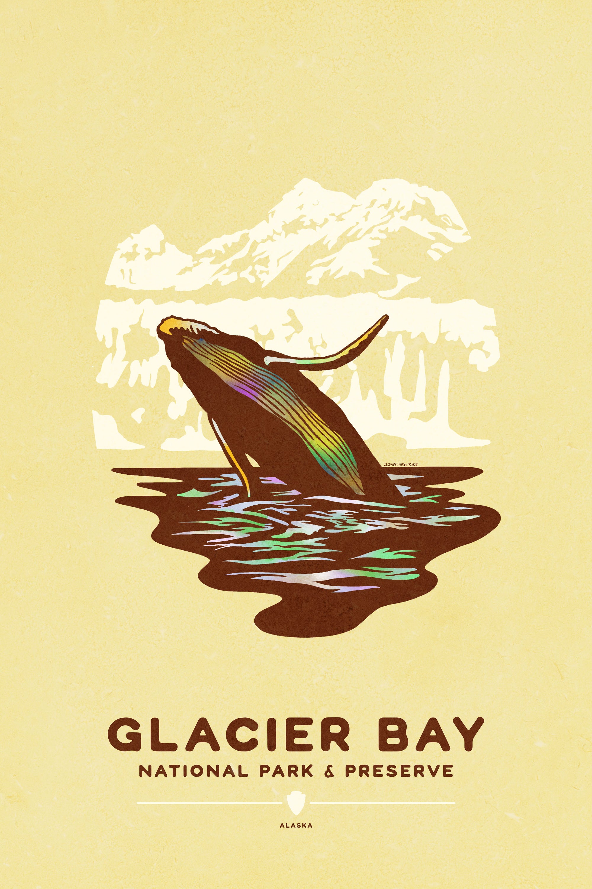 Modern, minimalist giclée art print for Glacier Bay National Park & Preserve in Alaska. This simple and classy poster depicts a humpback whale breaching the waters of Glacier Bay. It has the words “Glacier Bay National Park & Preserve, Alaska” at the bottom. The print’s muted overall background color allows the bold and vibrant colors of the main image to pop. 