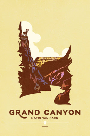 Modern, minimalist giclée art print for Grand Canyon National Park in Arizona. This simple and classy poster depicts a cross section of the Grand Canyon with a Bighorn Sheep on top of one of the edges of the canyon. It has the words “Grand Canyon National Park, Arizona” at the bottom. The print’s muted overall background color allows the bold and vibrant colors of the main image to pop. 