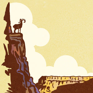 Detail of Modern, minimalist giclée art print for Grand Canyon National Park in Arizona. This simple and classy poster depicts a cross section of the Grand Canyon with a Bighorn Sheep on top of one of the edges of the canyon. It has the words “Grand Canyon National Park, Arizona” at the bottom. The print’s muted overall background color allows the bold and vibrant colors of the main image to pop. 