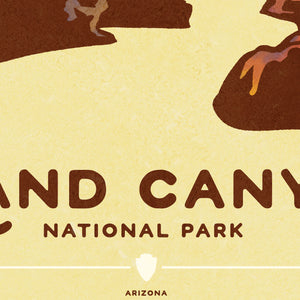 Detail of Modern, minimalist giclée art print for Grand Canyon National Park in Arizona. This simple and classy poster depicts a cross section of the Grand Canyon with a Bighorn Sheep on top of one of the edges of the canyon. It has the words “Grand Canyon National Park, Arizona” at the bottom. The print’s muted overall background color allows the bold and vibrant colors of the main image to pop. 