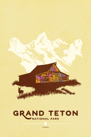 Modern, minimalist giclée art print for Grand Teton National Park in Wyoming. This simple and classy poster depicts the historic T. A. Moulton Barn, with a pronghorn antelope grazing in front and the Grand Tetons behind it.  It has the words “Grand Teton National Park, Wyoming”  at the bottom. The print’s muted overall background color allows the bold and vibrant colors of the main image to pop. 