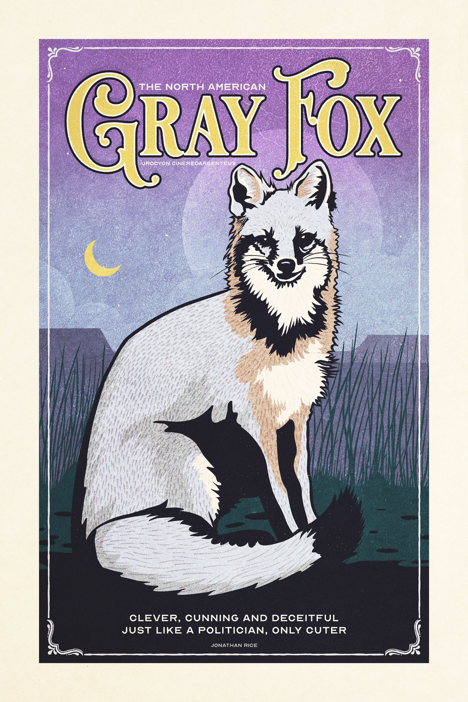 Retro style giclée art print of an North American Gray Fox on a prairie in Texas. It has muted night time colors, textures, and ornate typography, with a headline that says “The North American Gray Fox, Urocyon cinereoargenteuss”.  At the bottom the type says “Cleaver, Cunning and Deceitful. Just like politicians, only cuter.”