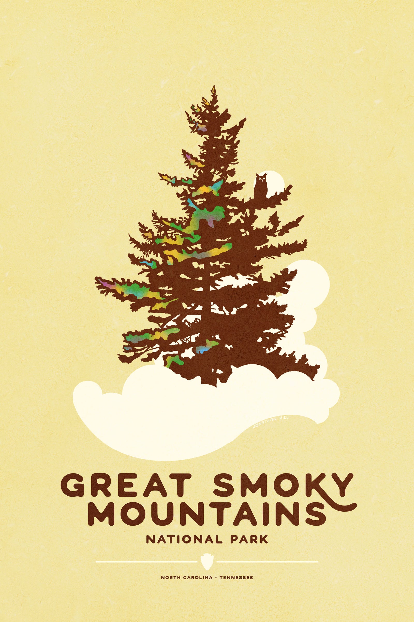 Modern, minimalist giclée art print for Modern, minimalist giclée art print for Great Smoky Mountains National Park in North Carolina and Tennessee. This simple and classy poster depicts a fog wrapped spruce tree with an owl in its branches. It has the words “Great Smoky Mountains National Park, North Carolina • Tennessee” at the bottom.