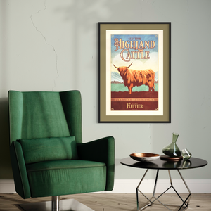 Retro style giclée art print of a Scottish Highland Cow standing in a field with the highlands in the background. It has muted and dusty colors, textures, and ornate typography, with a headline that says “Scottish Highland Cattle”.  At the bottom the type says “Just like other cattle, only fluffier.”