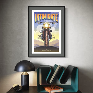 Motorcycle art print and poster. This poster captures the essence of a Harley-Davidson’s roar with its vibrant colors, bold design, and headline “Intimidating the Road.”
