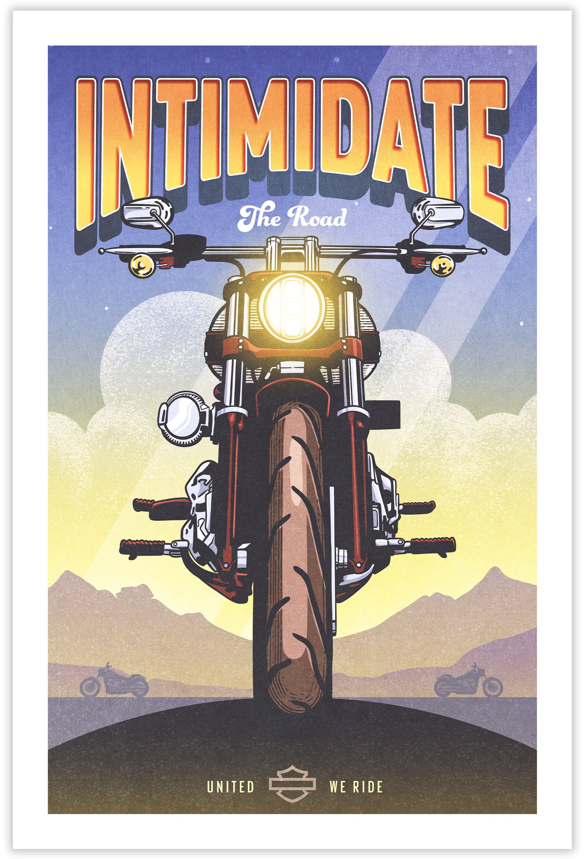 Motorcycle art print and poster. This poster captures the essence of a Harley-Davidson’s roar with its vibrant colors, bold design, and headline “Intimidating the Road.”
