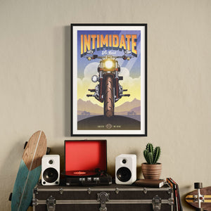 Motorcycle art print and poster. This poster captures the essence of a Harley-Davidson’s roar with its vibrant colors, bold design, and headline “Intimidating the Road.”
