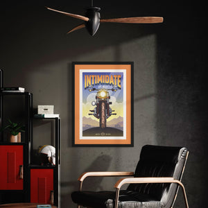 Motorcycle art print and poster. This poster captures the essence of a Harley-Davidson’s roar with its vibrant colors, bold design, and headline “Intimidating the Road.”
