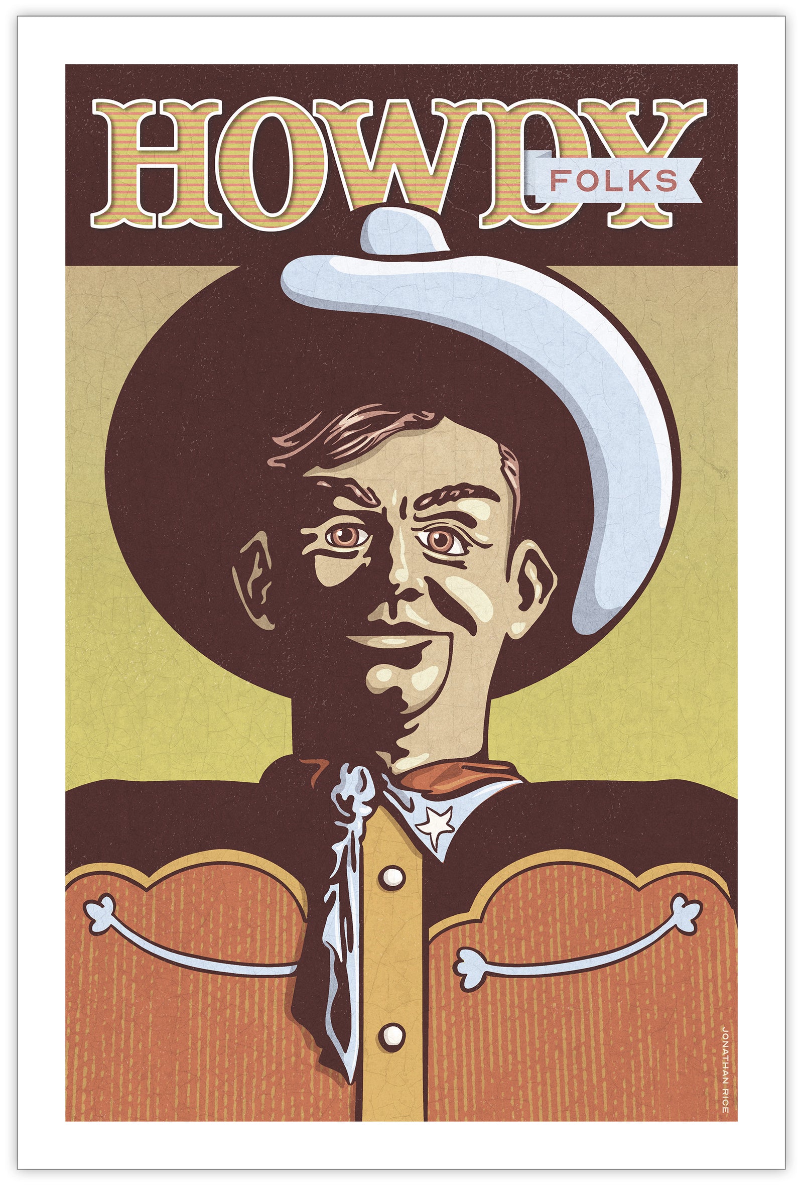 Illustrated poster print of a smiling cowboy in a large hat with the words “Howdy Folks” above, designed in a retro vintage style with warm textured tones.