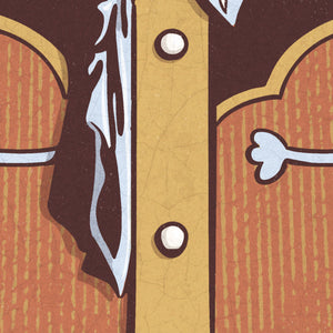 Detail of Illustrated poster print of a smiling cowboy in a large hat with the words “Howdy Folks” above, designed in a retro vintage style with warm textured tones.