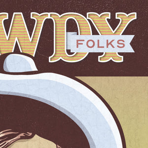 Detail of Illustrated poster print of a smiling cowboy in a large hat with the words “Howdy Folks” above, designed in a retro vintage style with warm textured tones.