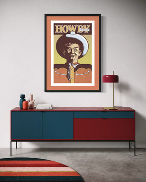 Illustrated poster print of a smiling cowboy in a large hat with the words “Howdy Folks” above, designed in a retro vintage style with warm textured tones.