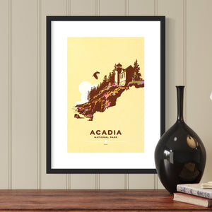Modern, minimalist giclée art print for Acadia National Park in Maine. This simple and classy poster depicts the historic Bass Harbor Head Light Station—with a Bald Eagle flying overhead. It has the words “Acadia National Park, Maine”  at the bottom. The print’s muted overall background color allows the bold and vibrant colors of the main image to pop. 