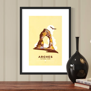 Modern, minimalist giclée art print for Modern, minimalist giclée art print for Arches National Park in Utah. This simple and classy poster depicts one of the magnificent natural arches with a Turkey Vulture soaring over. It has the words “Arches National Park, Utah” at the bottom. The print’s muted overall background color allows the bold and vibrant colors of the main image to pop. 