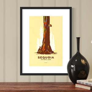 Modern, minimalist giclée art print for Modern, minimalist giclée art print for Sequoia National Park in California. This simple and classy poster depicts a giant Sequoia tree with a black bear attempting to climb it. It has the words “Sequoia National Park, California” at the bottom. The print’s muted overall background color allows the bold and vibrant colors of the main image to pop. 