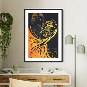 Bold graphic giclée art print of a French Horn player with swirls and flourishes. Bold graphic lines and bright colorful shapes create an energetic poster for classical music lovers. 