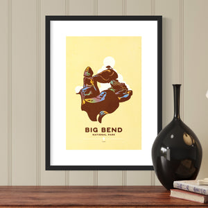 Modern, minimalist giclée art print for Big Bend National Park in Texas. This simple and classy poster depicts a Balanced Rock in Big Bend with a Mountain Lion perched on top. It has the words “Big Bend National Park, Texas” at the bottom. The print’s muted overall background color allows the bold and vibrant colors of the main image to pop. 