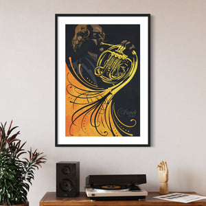 Bold graphic giclée art print of a French Horn player with swirls and flourishes. Bold graphic lines and bright colorful shapes create an energetic poster for classical music lovers. 