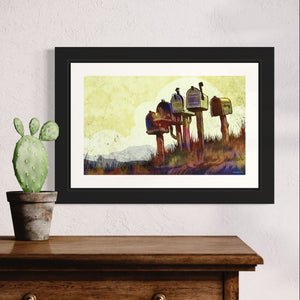 Modern style giclée art print of rural mailboxes on a corner. It is brightly colored, yet has gritty texture overall. There is a field and farm house in the background.
