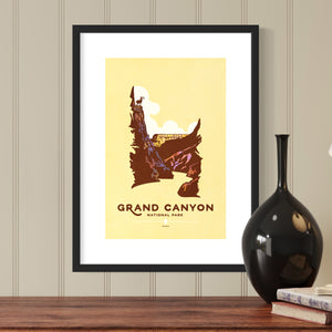 Modern, minimalist giclée art print for Grand Canyon National Park in Arizona. This simple and classy poster depicts a cross section of the Grand Canyon with a Bighorn Sheep on top of one of the edges of the canyon. It has the words “Grand Canyon National Park, Arizona” at the bottom. The print’s muted overall background color allows the bold and vibrant colors of the main image to pop. 