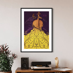 Bold graphic giclée art print of a Cello player with swirls and flourishes. Bold graphic lines and bright colorful shapes create an energetic poster for classical music lovers. 