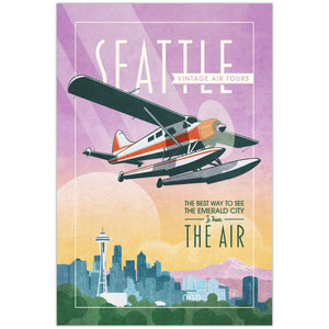 DHC-2 Beaver floatplane flying over Seattle in vintage aviation poster style by Jonathan Rice