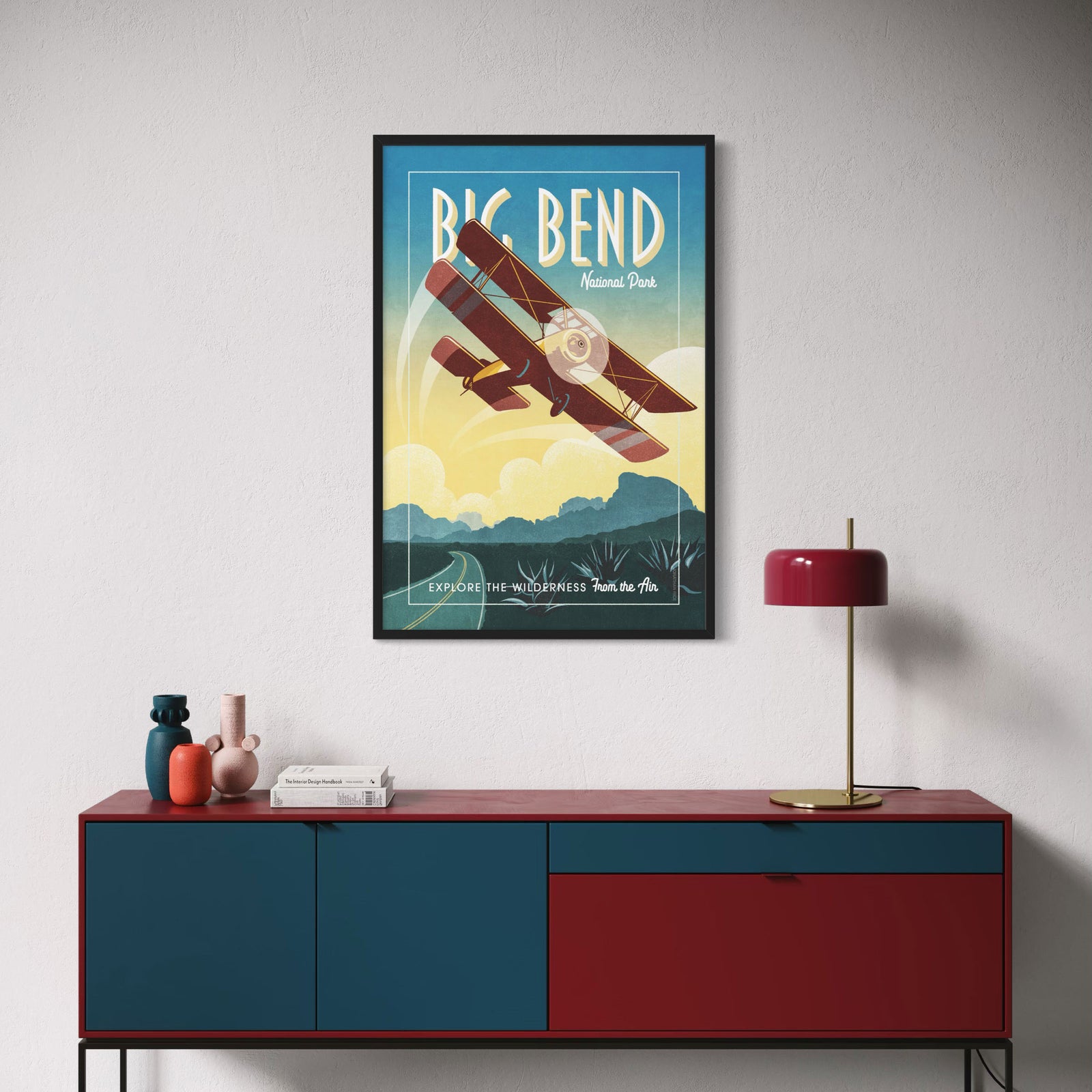 Sopwith Pup biplane flying over Big Bend desert landscape in vintage aviation poster style