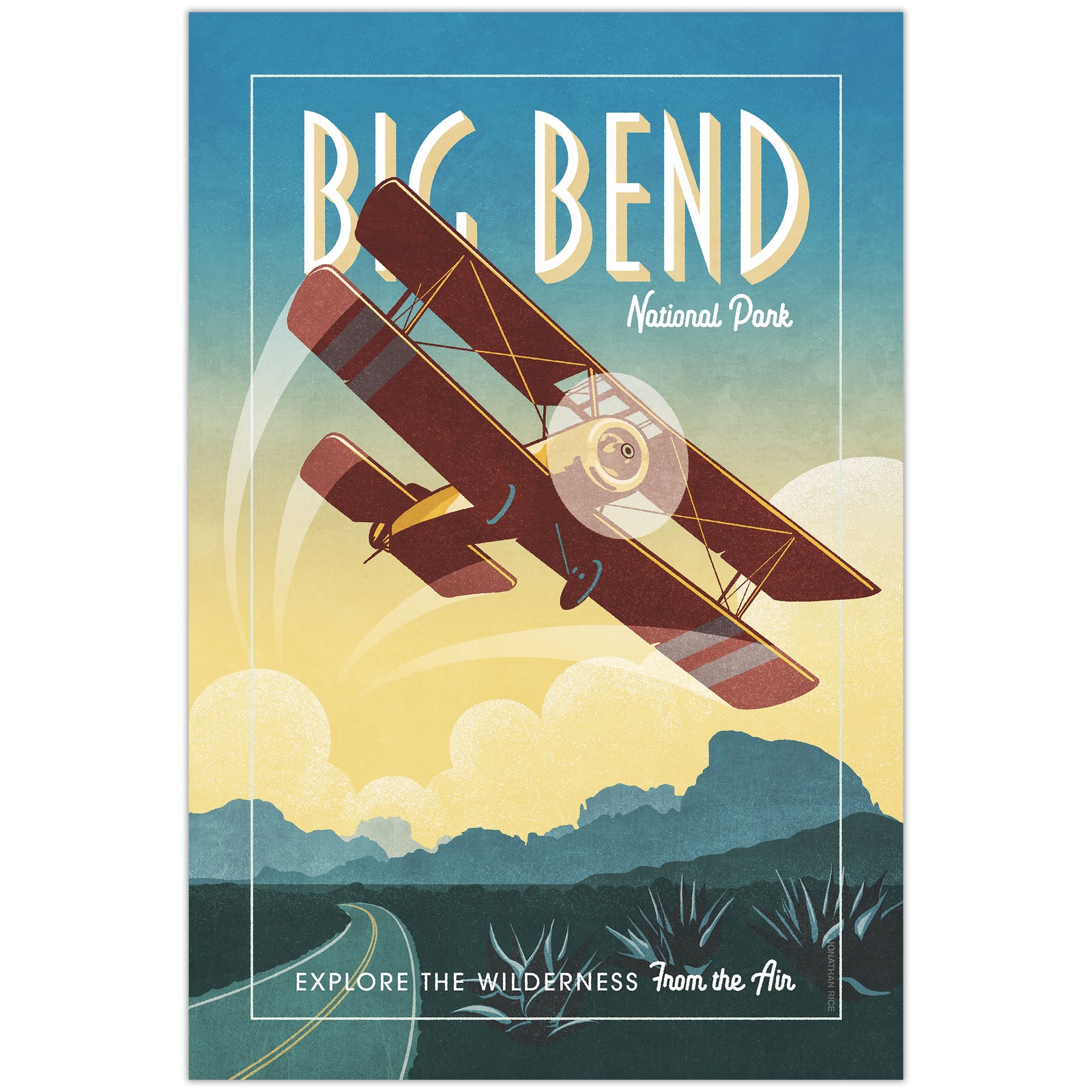 Sopwith Pup biplane flying over Big Bend desert landscape in vintage aviation poster style