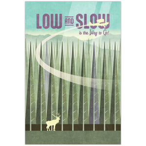 Piper Cub airplane flying low over forest with elk in vintage aviation poster style low and slow theme