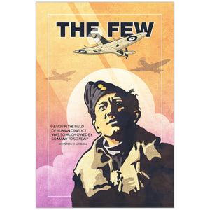 WWII aviation poster featuring Spitfire aircraft and RAF pilot portrait inspired by The Few Battle of Britain