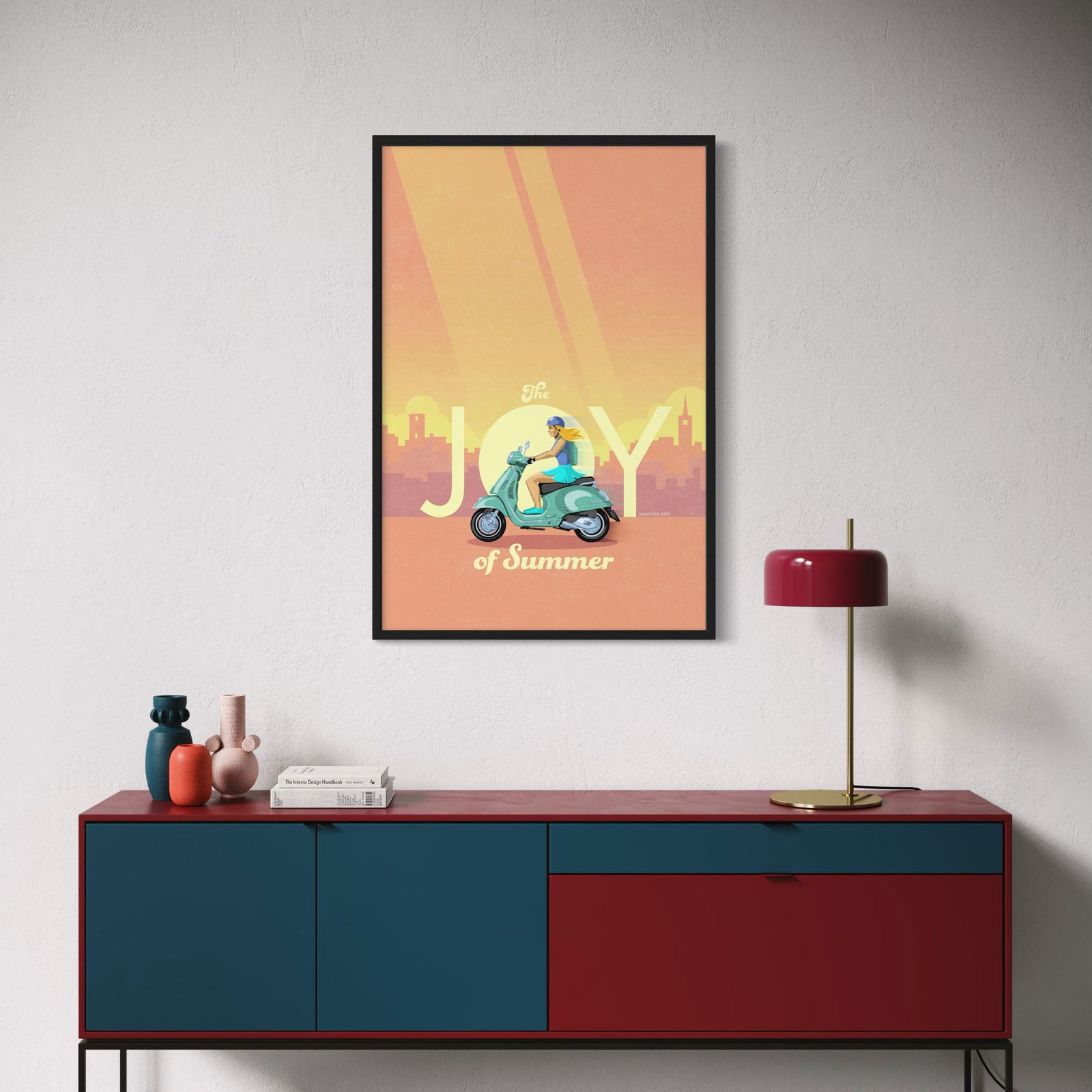 Vespa Italy poster featuring woman riding scooter through city in vintage travel poster style