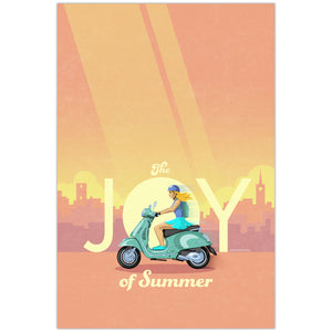 Vespa Italy poster featuring woman riding scooter through city in vintage travel poster style