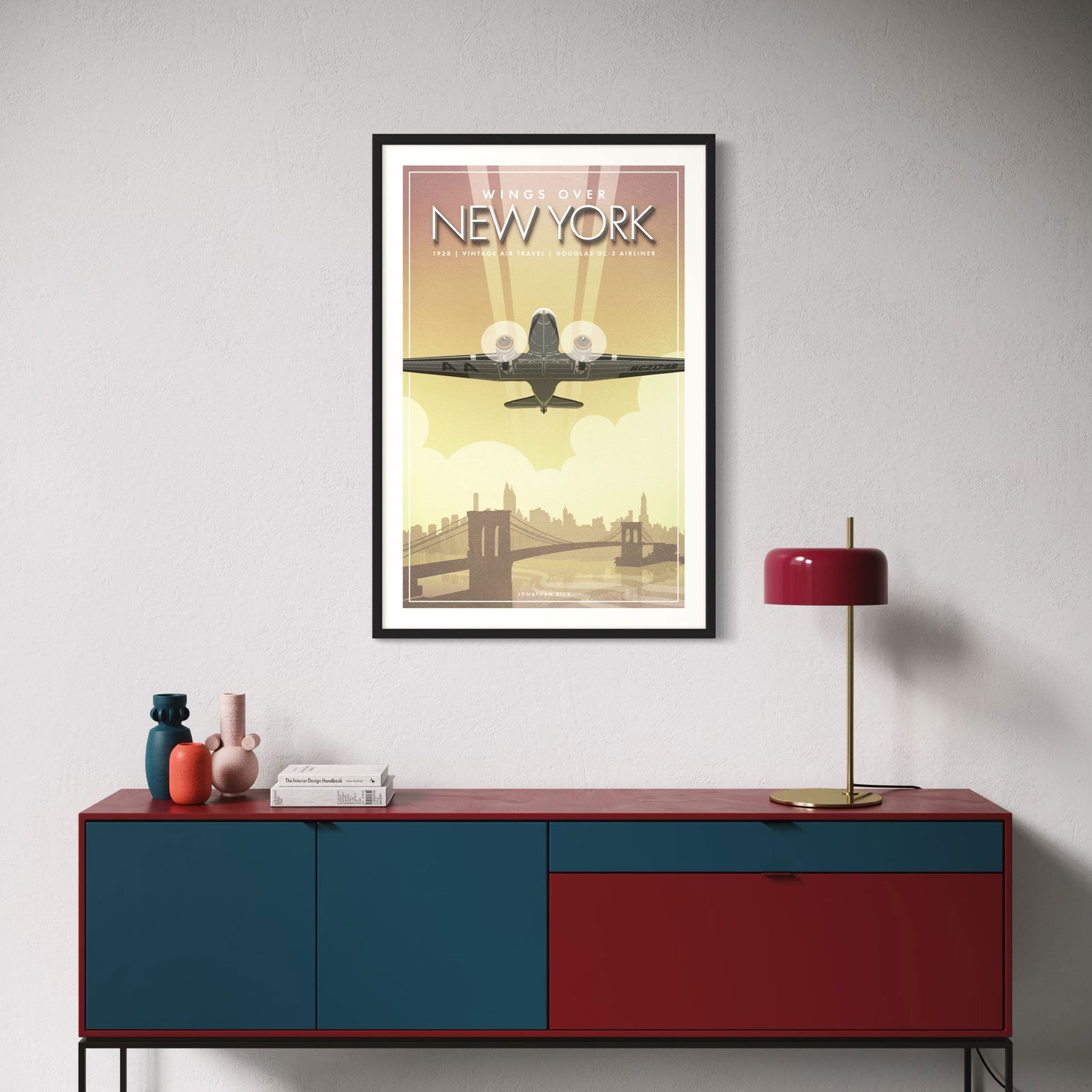 Wings Over New York vintage aviation poster featuring a Douglas DC-3 flying over the New York skyline in retro travel style