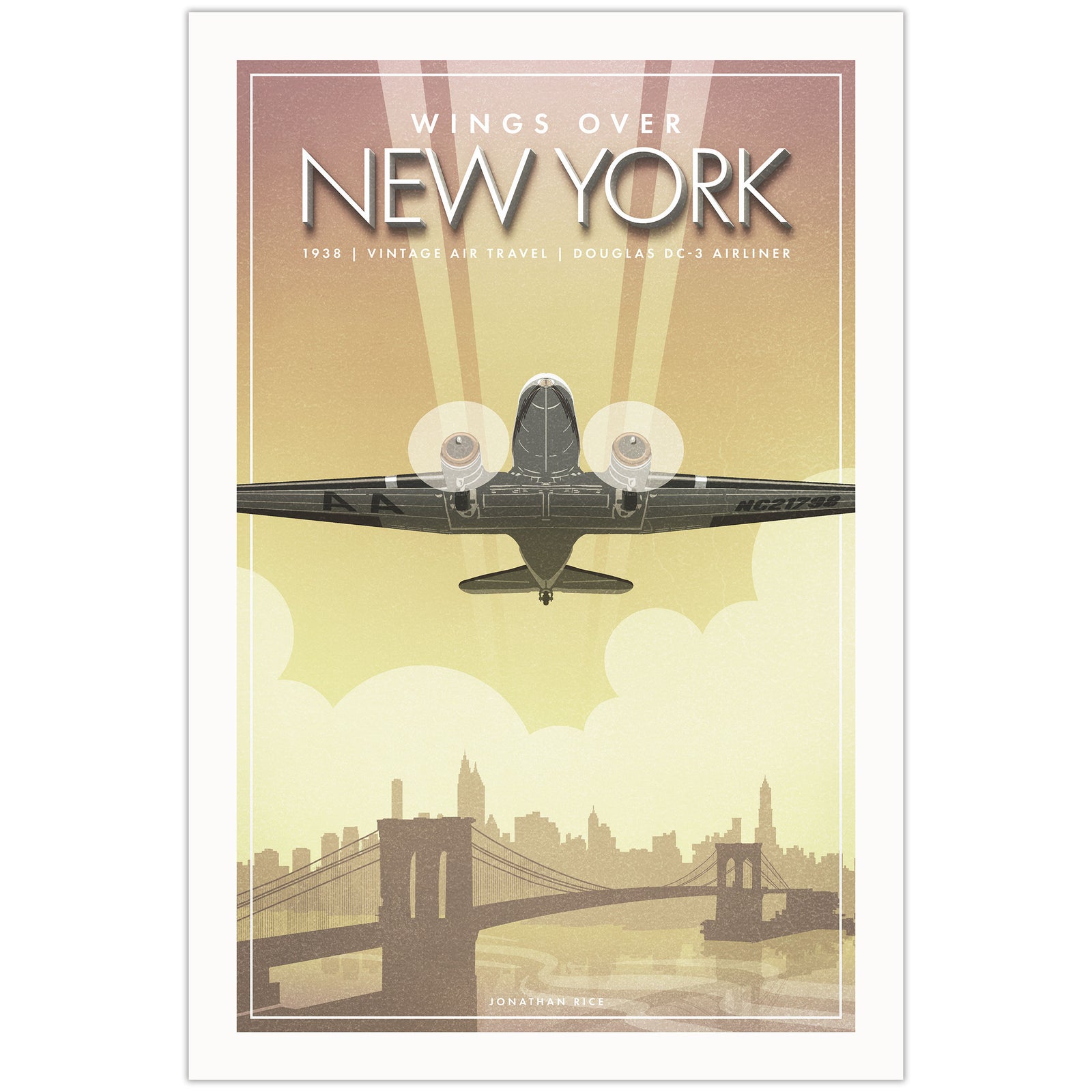 Wings Over New York vintage aviation poster featuring a Douglas DC-3 flying over the New York skyline in retro travel style
