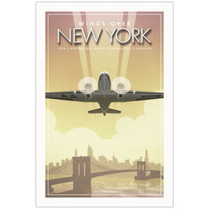 Wings Over New York vintage aviation poster featuring a Douglas DC-3 flying over the New York skyline in retro travel style