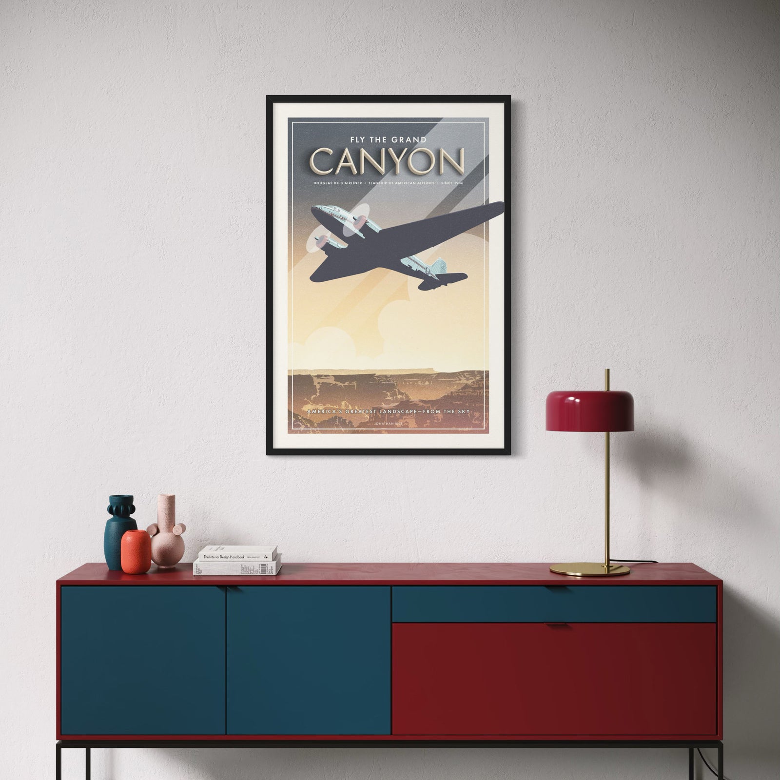 Douglas DC-3 airplane poster flying over Grand Canyon at sunset