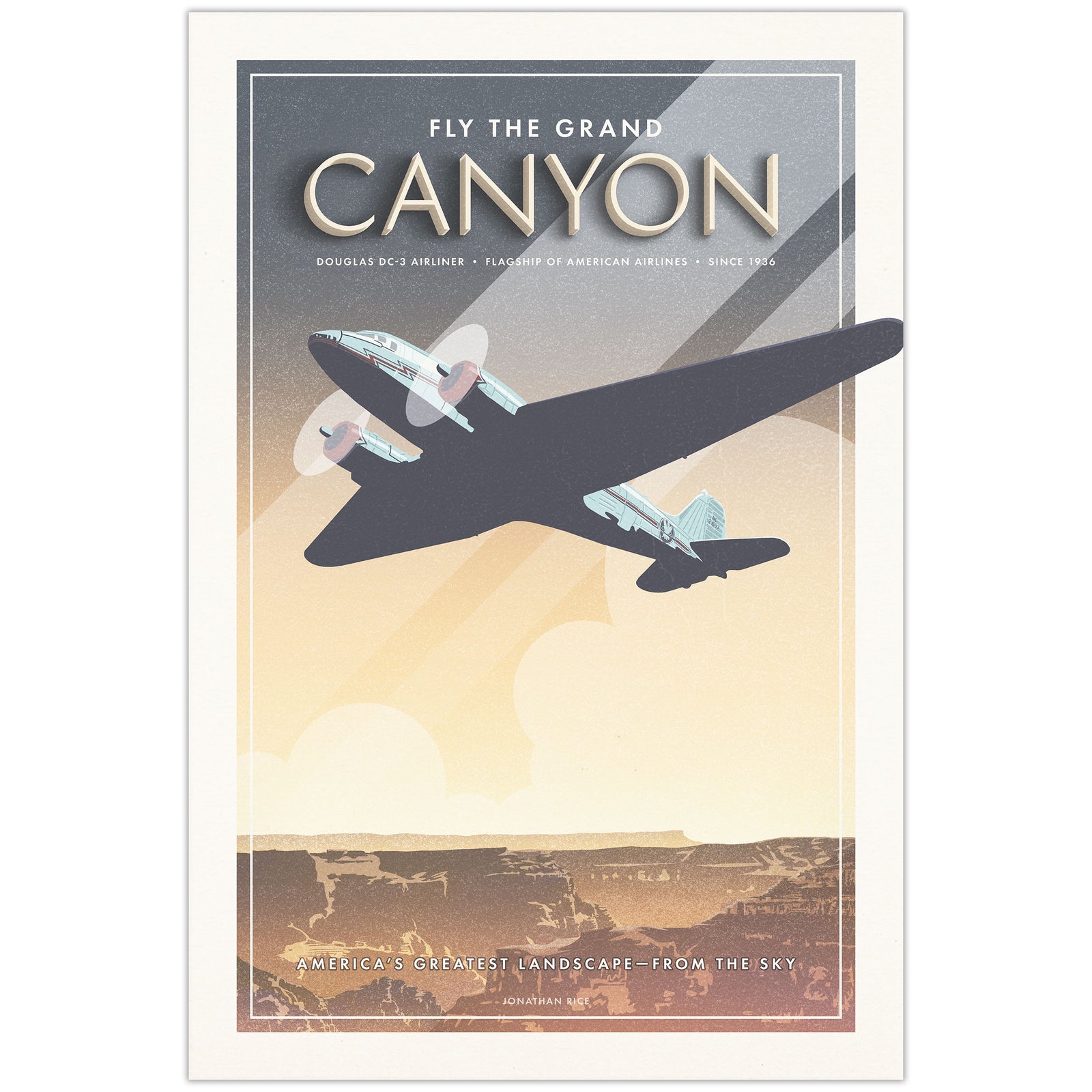 Douglas DC-3 airplane poster flying over Grand Canyon at sunset