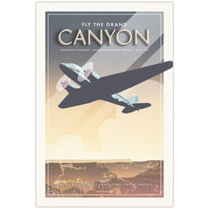Douglas DC-3 airplane poster flying over Grand Canyon at sunset