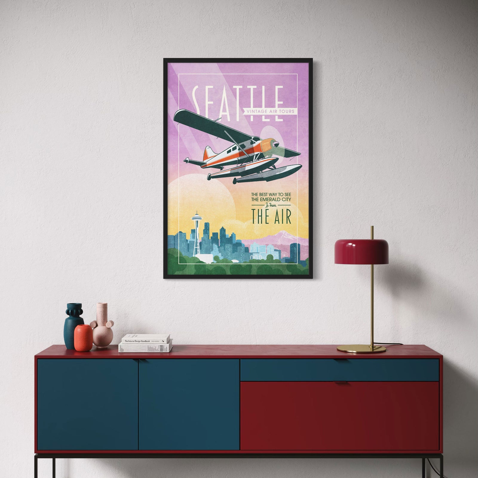 DHC-2 Beaver floatplane flying over Seattle in vintage aviation poster style by Jonathan Rice