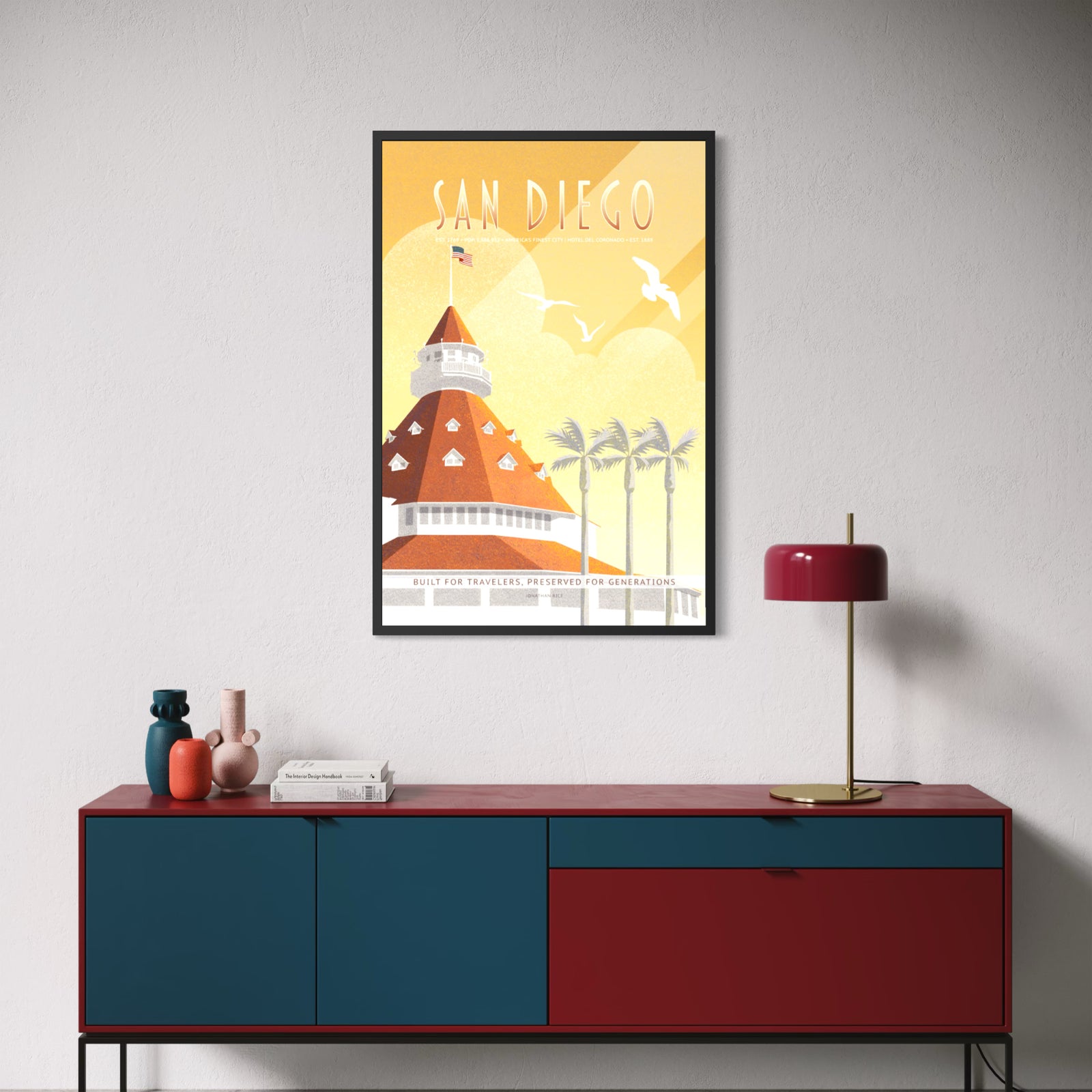 Vintage-style San Diego travel poster featuring the historic Hotel del Coronado with palm trees, seagulls, and warm coastal sunset tones.